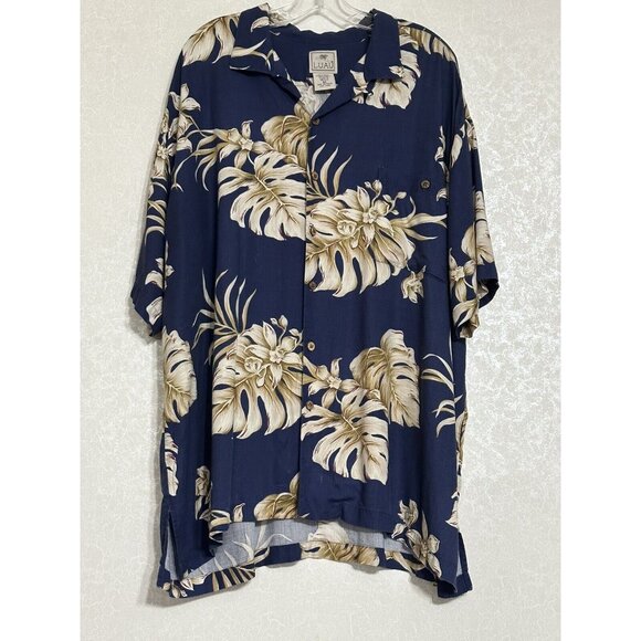 Vintage Luau Mens Hawaiian Shirt Dark Navy Blue Floral Size 2X Spun Rayon Poplin - Picture 1 of 7